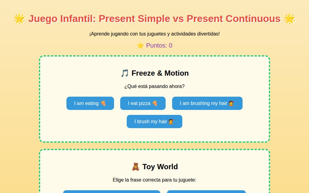 Juego Infantil: Present Simple vs Present Continuous